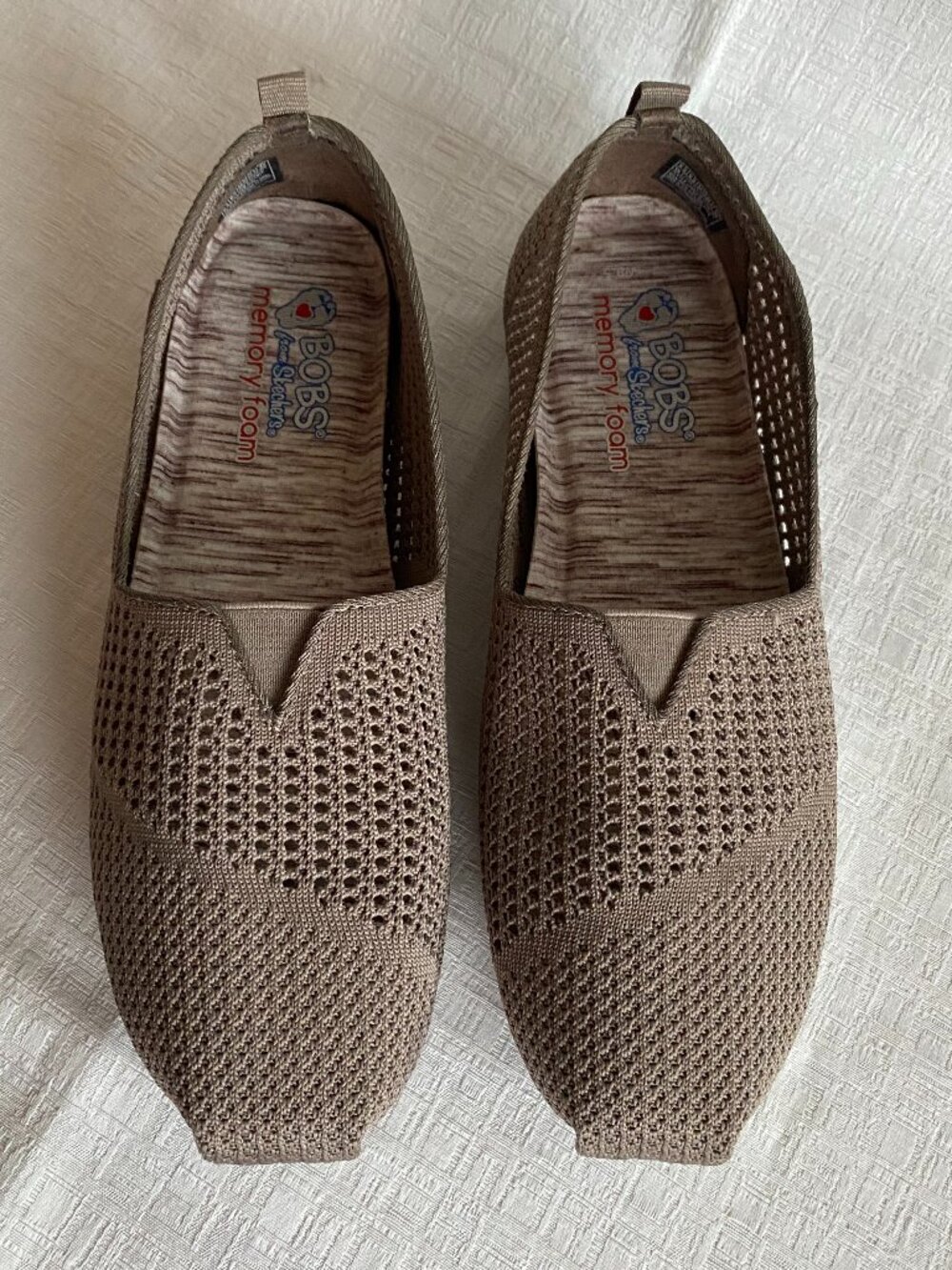 Skechers BOBS Mesh Knit Slip On Flats 9.5 Taupe Memory Foam Loafers
